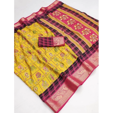 Generic Women's Dola Silk Printed Saree With Unstitched Blouse 5.5Mtr (Yellow)