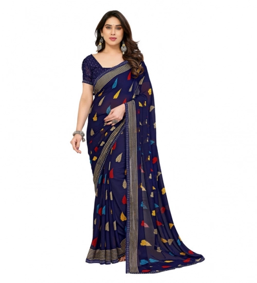 Generic Women's Georgette Printed Saree With Unstitched Blouse 5.5Mtr (Navy Blue)