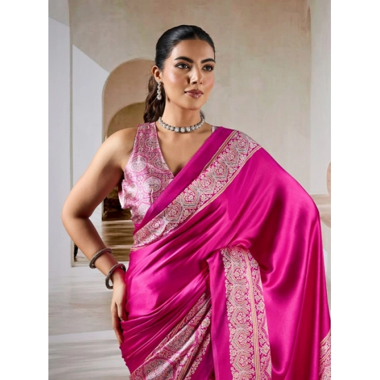 Generic Women's Satin Crepe Printed Saree With Unstitched Blouse 5.5Mtr (Pink)