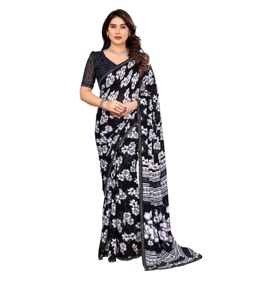 Generic Women's Georgette Printed Saree With Unstitched Blouse 5.5Mtr (Black)