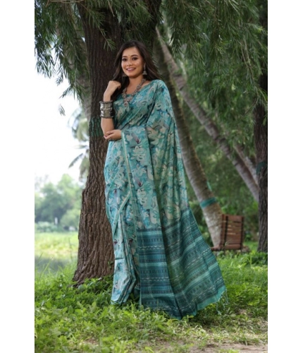 Generic Women's Faux_Tussar_Silk Abstract_Print Saree With Unstitched Blouse 5.5Mtr (Sea_Green)