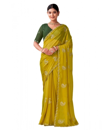 Generic Women's Digital Printed  Georgette Saree With Unstitched Blouse (Yellow, 5-6 Mtrs)