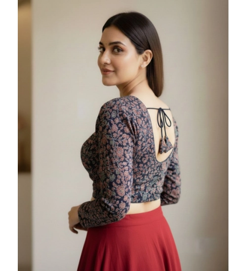 Generic Women's Ajrakh Cotton Printed V-Neck Padded Blouse (Navy 38 Ready (Self Alterable 36–40)