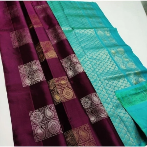 Generic Women's Litchi silk Printed Saree With Unstitched Blouse (Maroon With Turquise Green)