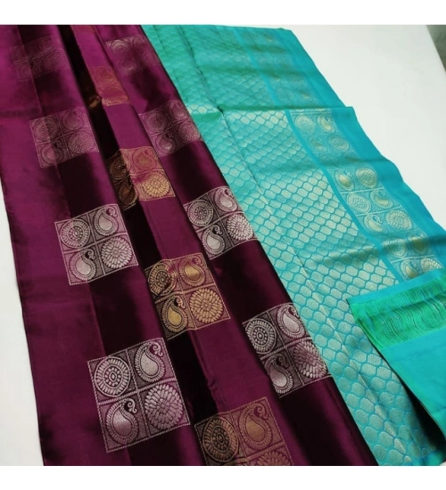 Generic Women's Litchi silk Printed Saree With Unstitched Blouse (Maroon With Turquise Green)
