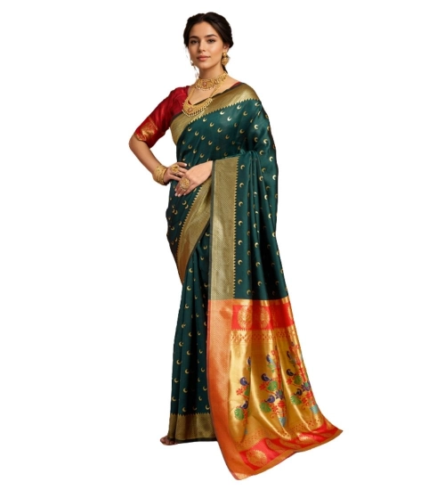 Generic Women's Silk Blend Zari Woven Saree With Unstitched Blouse 5.5Mtr (Dark-Green)