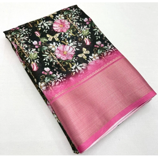 Generic Women's Cotton Silk Floral Printed Saree With Unstitched Blouse 5.5Mtr (Black)