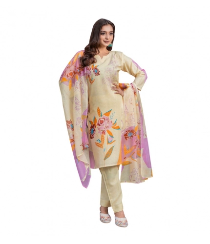 Generic Women's Cotton Blend Printed Kurti With Pant Dupatta Set (Cream)