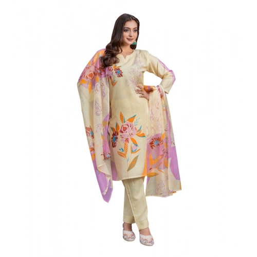 Generic Women's Cotton Blend Printed Kurti With Pant Dupatta Set (Cream)