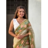 Generic Women's Linen Printed Saree With Unstitched Blouse 5.5Mtr (Mahendi)