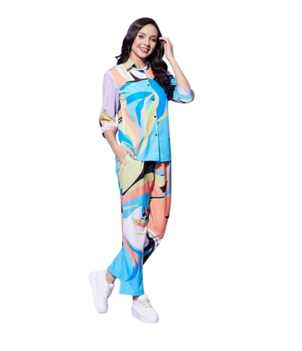 Generic Women's Polyester Colour Blocking 3-4th Sleeve Co-Ord Set (Multicolor)