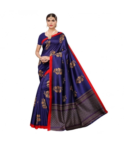 Generic Women's Litchi silk Printed Saree With Unstitched Blouse  5-6 Mtrs (Navy Blue)