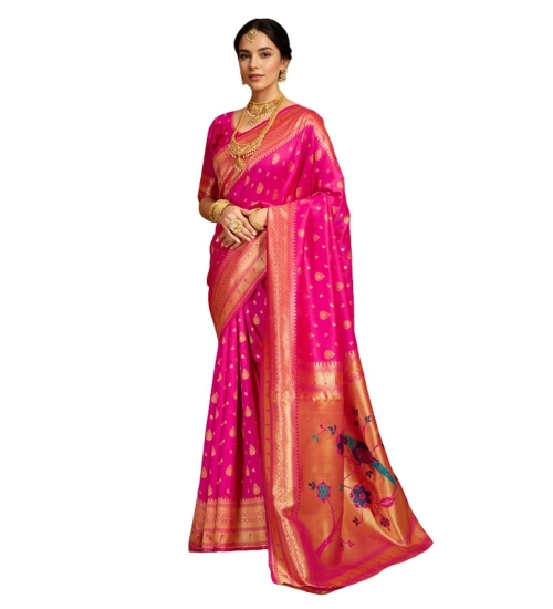 Generic Women's Silk Blend Zari Weaving Saree With Unstitched Blouse 5.5Mtr (Pink)