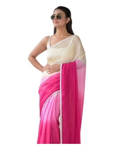 Generic Women's Linen Printed Saree With Unstitched Blouse 5.5Mtr (Pink)