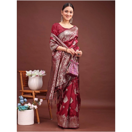 Generic Women's Banarasi Silk Printed Saree With Unstitched Blouse 5.5Mtr (Maroon)