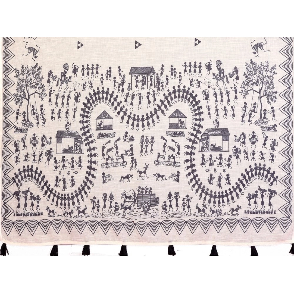 Generic Women's Linen Cotton Printed Saree With Unstitched Blouse 5.5Mtr (Off White)