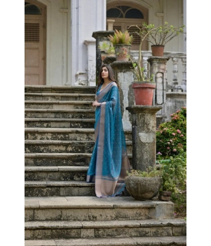 Generic Women's Silk_Blend Butti Pattern Saree With Unstitched Blouse 5.5Mtr (Teal)