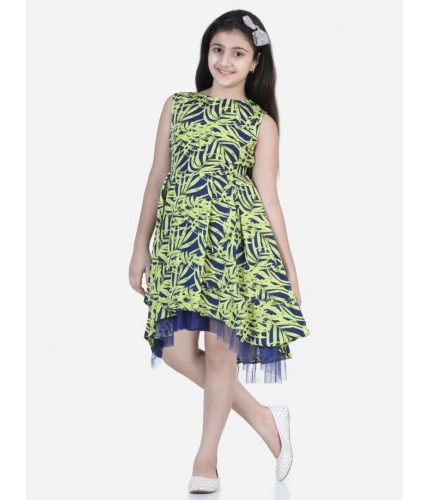Generic Girl's Polyester Crepe &amp; Net Printed Sleeveless Dress (Yellow-Blue)