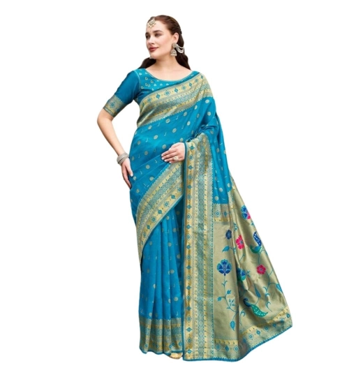 Generic Women's Silk Blend Paithani Weaving Saree With Unstitched Blouse 5.5Mtr (Turquoise)