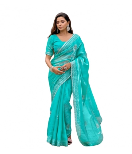 Generic Women's Faux Shimmer Floral Embroidery Ready to wear Saree With Unstitched Blouse 5.5Mtr (Turquoise) Generic Women's Faux Shimmer Floral Embroidery Ready to wear Saree With Unstitched Blouse 5.5Mtr (Turquoise)