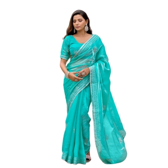 Generic Women's Faux Shimmer Floral Embroidery Ready to wear Saree With Unstitched Blouse 5.5Mtr (Turquoise) Generic Women's Faux Shimmer Floral Embroidery Ready to wear Saree With Unstitched Blouse 5.5Mtr (Turquoise)