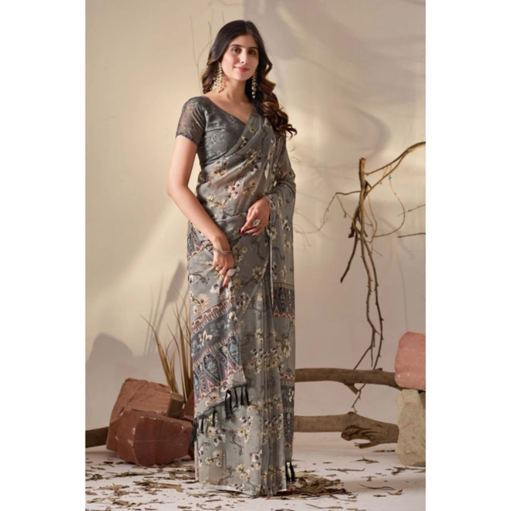 Generic Women's Georgette Printed Saree With Unstitched Blouse 5.5Mtr (Grey)