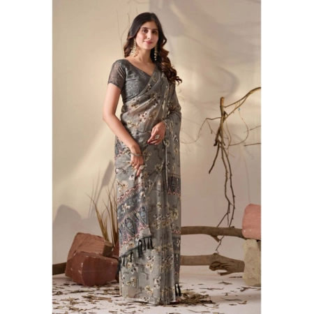 Generic Women's Georgette Printed Saree With Unstitched Blouse 5.5Mtr (Grey)