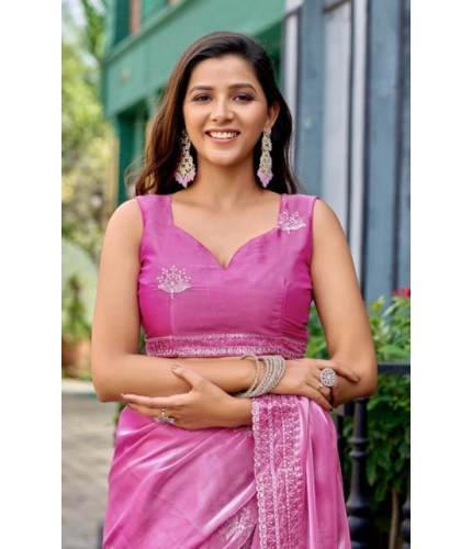 Generic Women's Faux Shimmer Floral Embroidery Ready to wear Saree With Unstitched Blouse 5.5Mtr (LightPink)