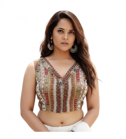 Generic Women's Cambric Cotton V Neck Padded Blouse (White, 38 Ready Size (Self-Alterable 36–40)