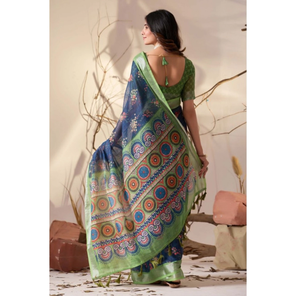 Generic Women's Faux_Linen Printed Saree With Unstitched Blouse 5.5Mtr (Navy_Blue)