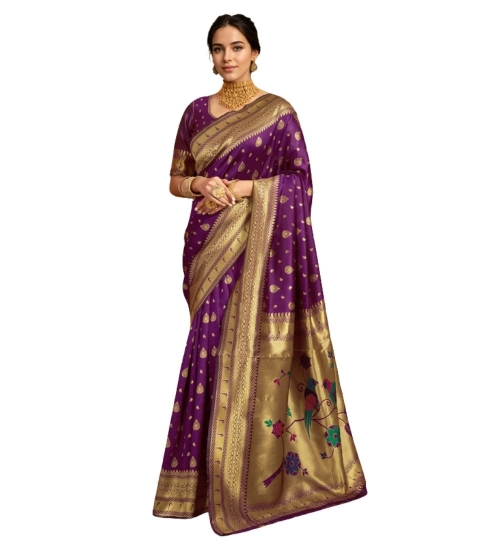 Generic Women's Silk Blend Zari Weaving Saree With Unstitched Blouse 5.5Mtr (Purple)