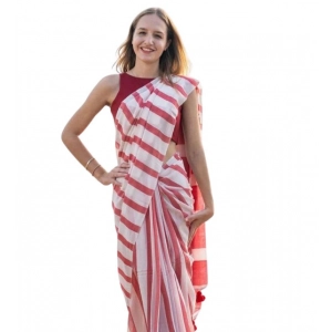 Generic Women's Linen Printed Saree With Unstitched Blouse 5.5Mtr (Red)