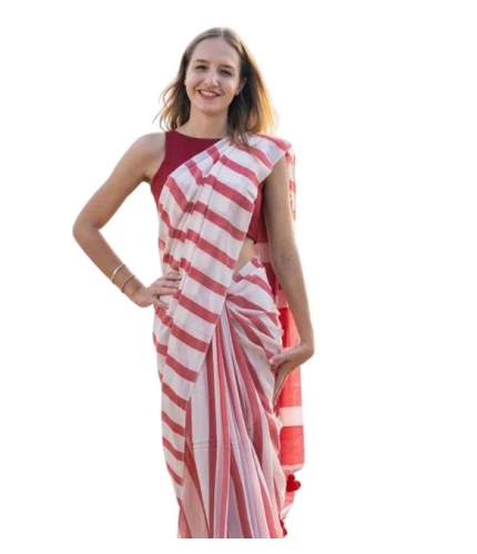 Generic Women's Linen Printed Saree With Unstitched Blouse 5.5Mtr (Red)