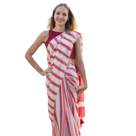 Generic Women's Linen Printed Saree With Unstitched Blouse 5.5Mtr (Red)