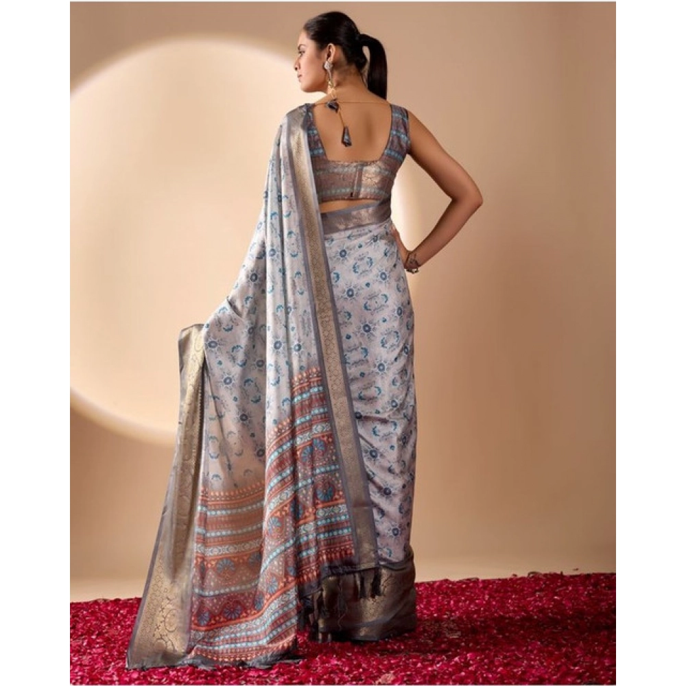Generic Women's Faux_Art_Silk Printed Saree With Unstitched Blouse 5.5Mtr (Silver)
