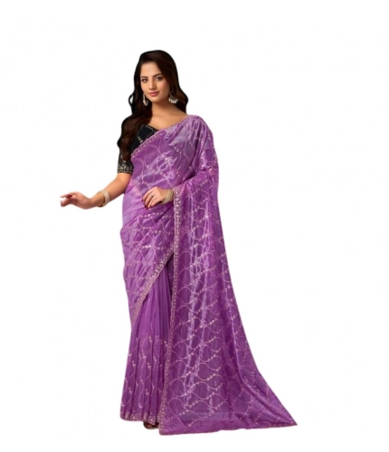 Generic Women's Net Sequence Saree With Unstitched Blouse 5.5Mtr (Lavender)