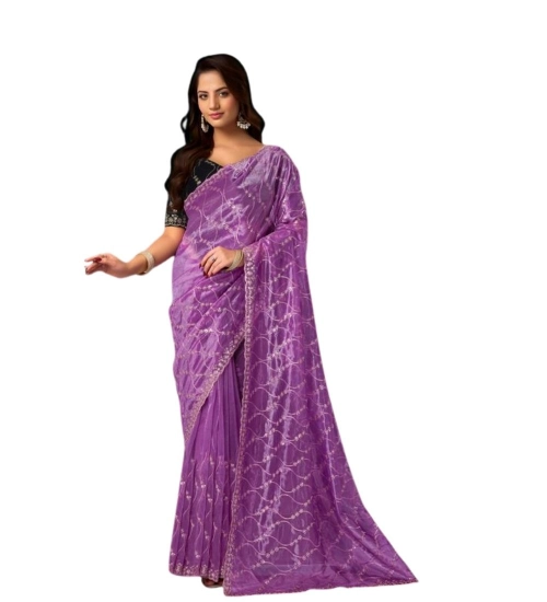 Generic Women's Net Sequence Saree With Unstitched Blouse 5.5Mtr (Lavender)