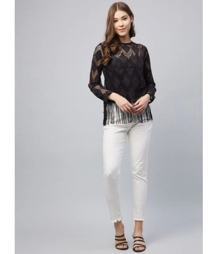 Generic Women's Lace Self Design Short Sleeve Top (Black)