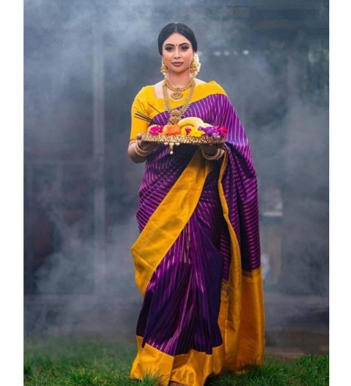 Generic Women's Soft Litchi Silk Jacquard Work Saree With Unstitched Blouse 5.5Mtr (Purple)