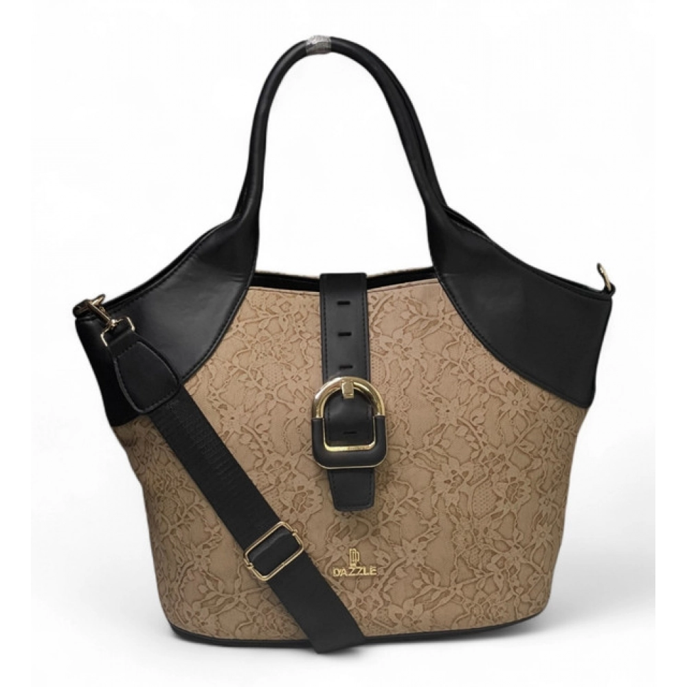 Generic Women's Polyurethane Textured Two-Tone Tote Handbag with Adjustable & Removable Strap (Beige)