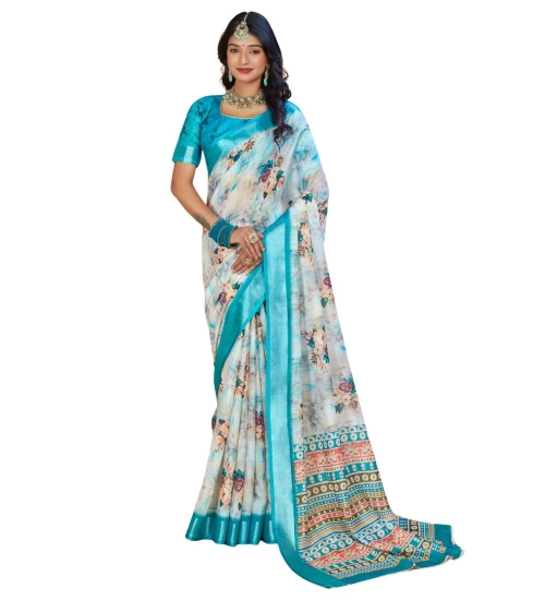 Generic Women's Printed Cotton Linen Saree withPrinted  Saree With Unstitched Blouse (Blue, 5-6Mtrs)