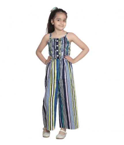 Generic Girl's Rayon Striped Sleeveless Jumpsuit (Blue)