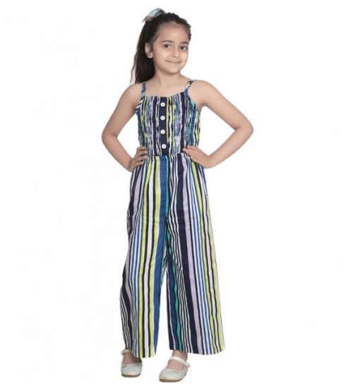 Generic Girl's Rayon Striped Sleeveless Jumpsuit (Blue) Generic Girl's Rayon Striped Sleeveless Jumpsuit (Blue)