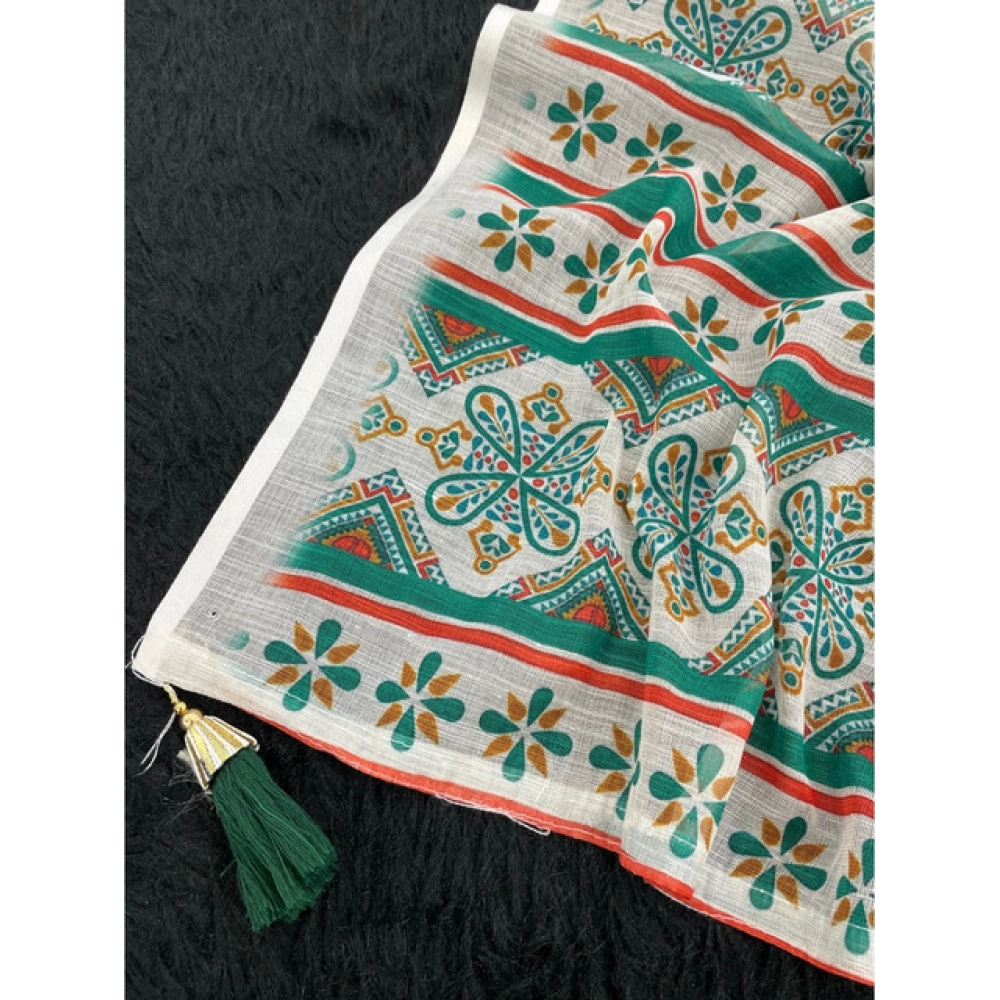Generic Women's Linen Cotton Printed Saree With Unstitched Blouse 5.5Mtr (Green) Generic Women's Linen Cotton Printed Saree With Unstitched Blouse 5.5Mtr (Green)
