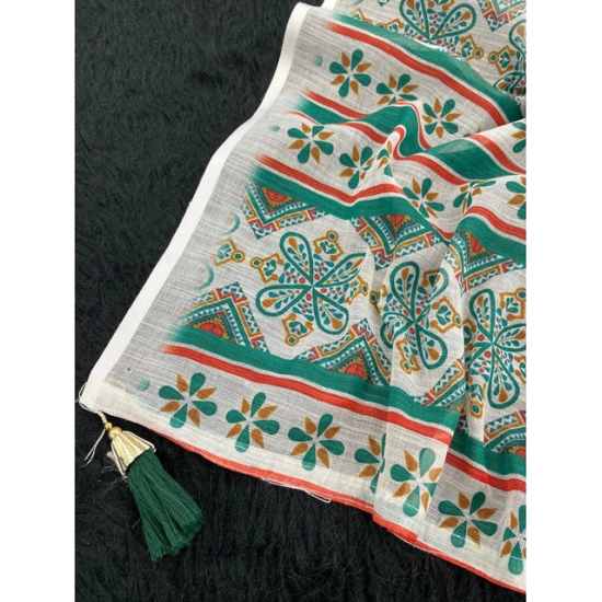 Generic Women's Linen Cotton  Printed Saree With Unstitched Blouse 5.5Mtr (Green)