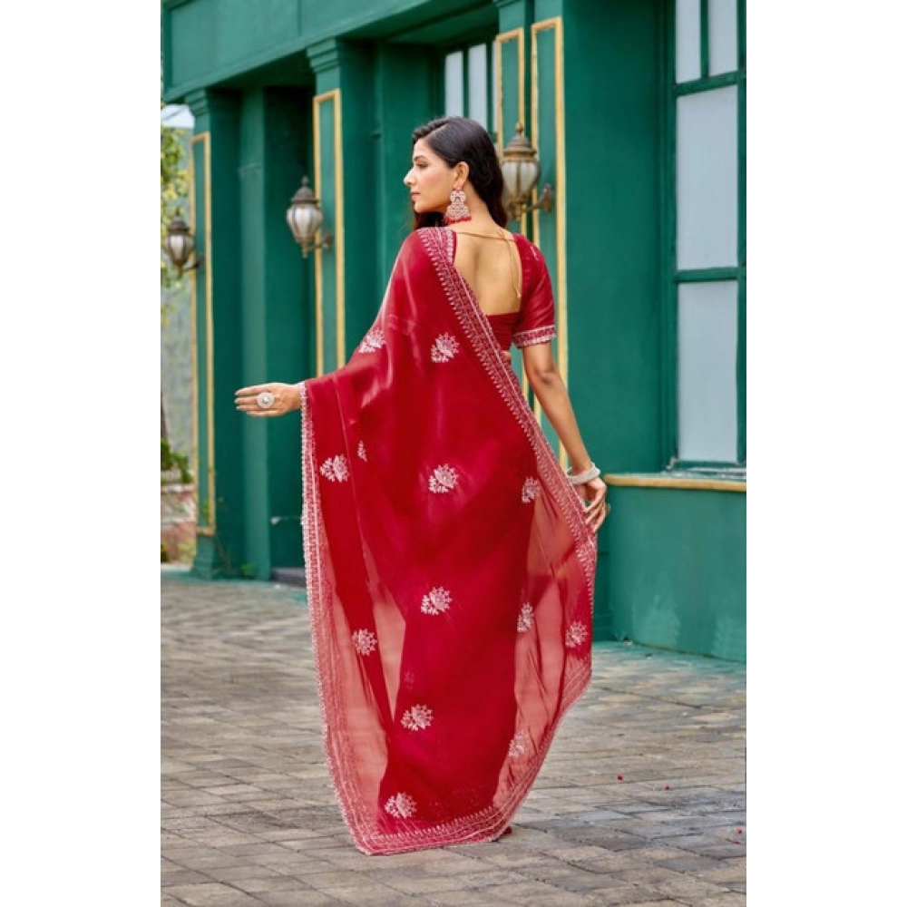 Generic Women's Faux Shimmer Floral Embroidery Ready to wear Saree With Unstitched Blouse 5.5Mtr (Red) Generic Women's Faux Shimmer Floral Embroidery Ready to wear Saree With Unstitched Blouse 5.5Mtr (Red)