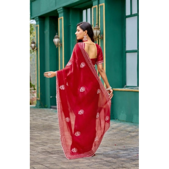 Generic Women's Faux Shimmer Floral Embroidery Ready to wear Saree With Unstitched Blouse 5.5Mtr (Red) Generic Women's Faux Shimmer Floral Embroidery Ready to wear Saree With Unstitched Blouse 5.5Mtr (Red)