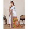 Generic Women's Linen Floral Printed Saree With Unstitched Blouse 5.5Mtr (White)