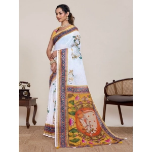 Generic Women's Linen Floral Printed Saree With Unstitched Blouse 5.5Mtr (White)
