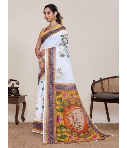 Generic Women's Linen Floral Printed Saree With Unstitched Blouse 5.5Mtr (White)